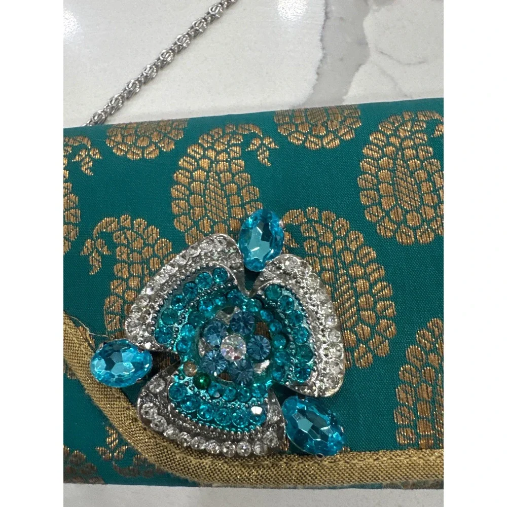 Teal Green Gold Paisley Brocade Clutch Evening Bag Rhinestone Flower Crystal